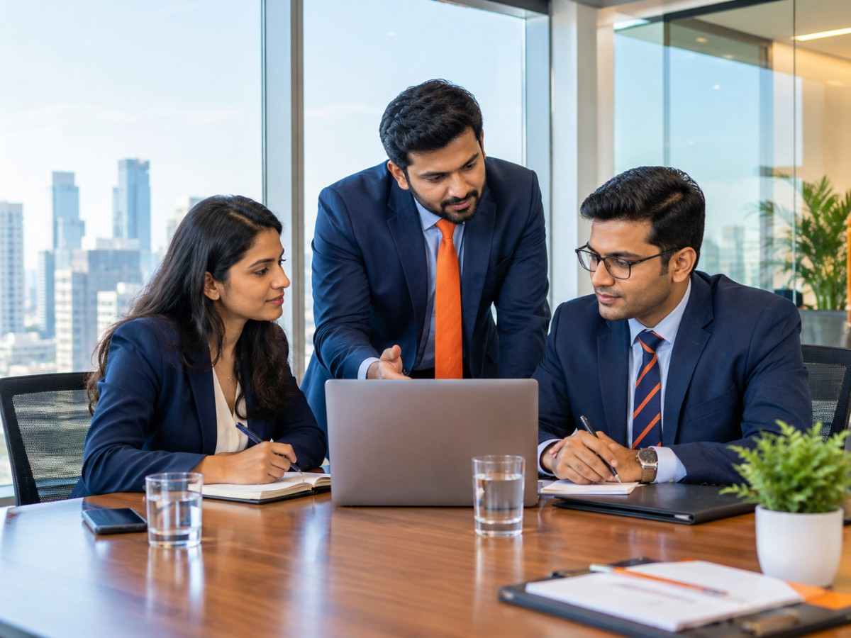 Business professionals discussing a proposal in a corporate meeting room