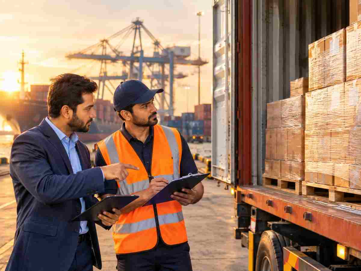 Export packing team loading boxed goods onto a shipping truck