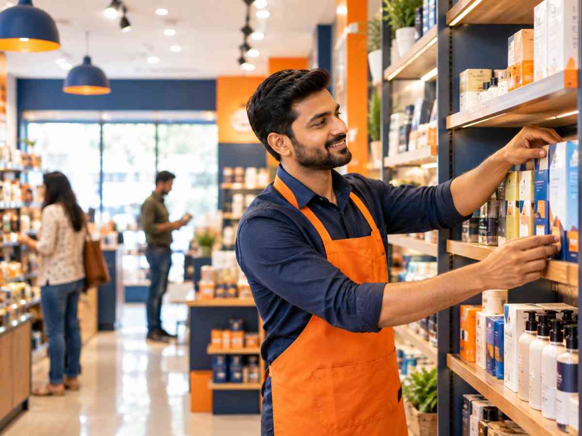 Retail store owner arranging products on shelves inside a shop